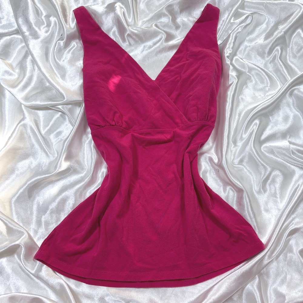 y2k Tank Top Pink Good Contact New York Surplice V-Neck Sleeveless Cotton Blend